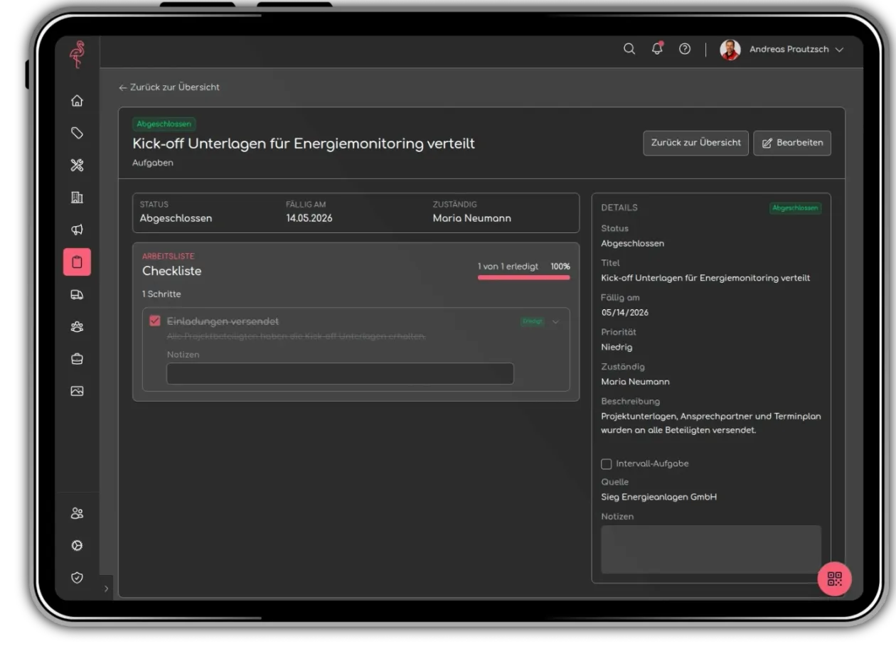 Formingo Betriebsmittel- und Wartungsplattform auf einem Tablet